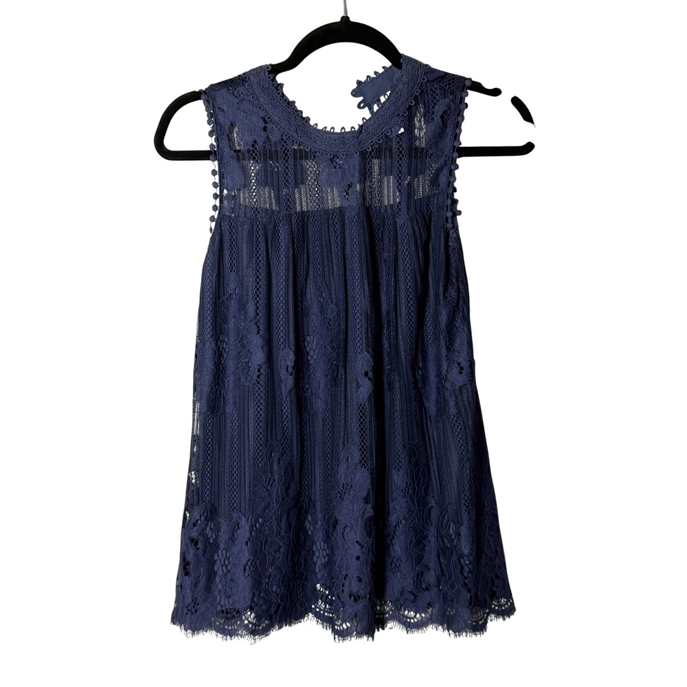 Xhilaration Navy Blue Lace Sleeveless Blouse Pom Pom Trim Boho Top XS